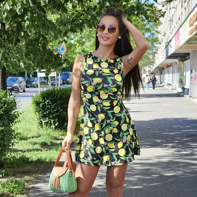 BEST lemon bordás anyagú pamut mini ruha/fekete