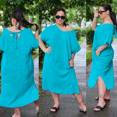 XL-XXL nagyméretű pamut-len ruha/türkiz