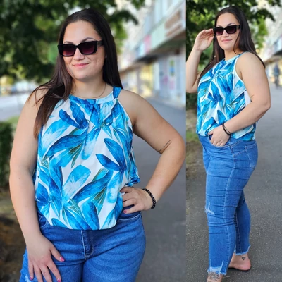 PLUS size akciós  hideg selyem felső /L-XL/ kék mintás