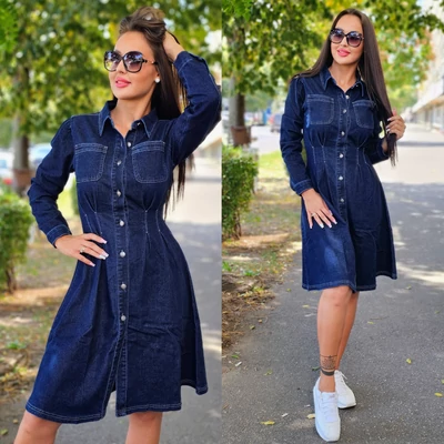 SÖTÉTKÉK hosszú ujjú farmer ruha/XS-XL