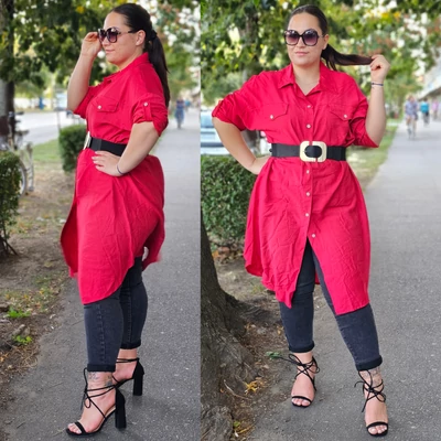 PLUS size pamut-len anyagú ingtunika/piros
