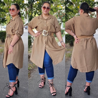 PLUS size pamut-len anyagú ingtunika/beige