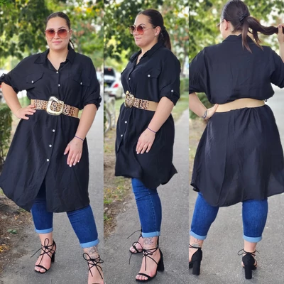 PLUS size pamut-len anyagú ingtunika/fekete