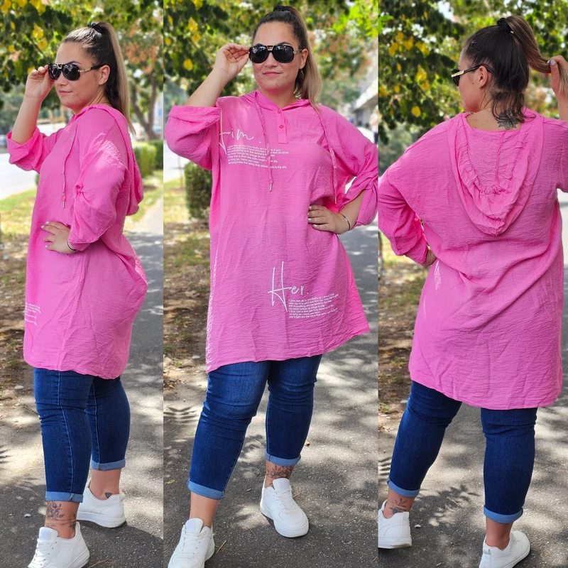 TIA pamut-len kapucnis plus size tunika/pink