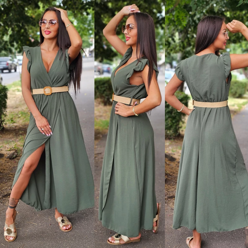 BEST fashion fodros vállú ruha övvel/khaki