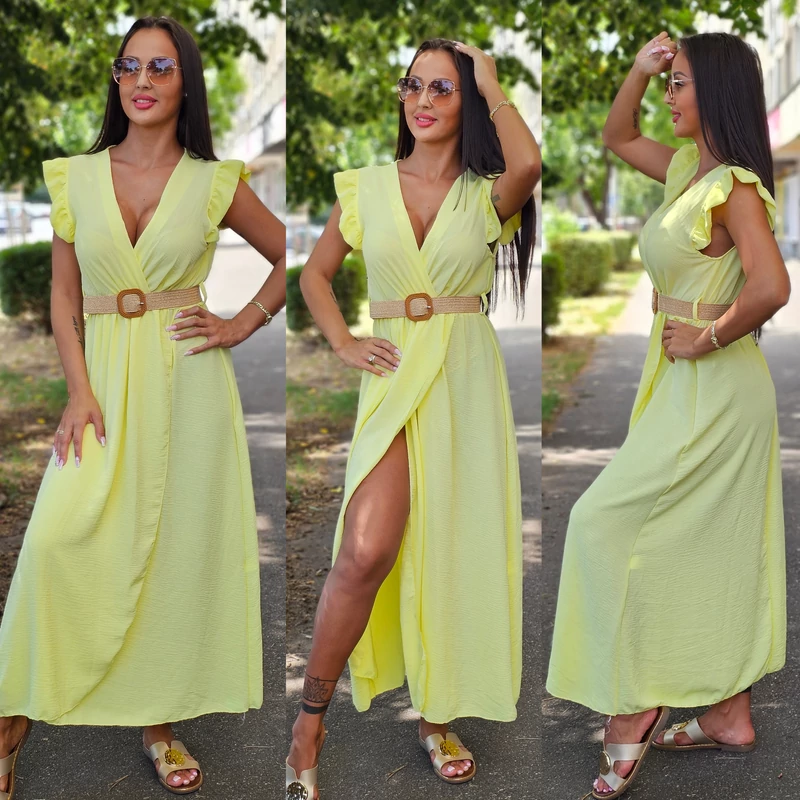 BEST fashion fodros vállú ruha övvel/sárga
