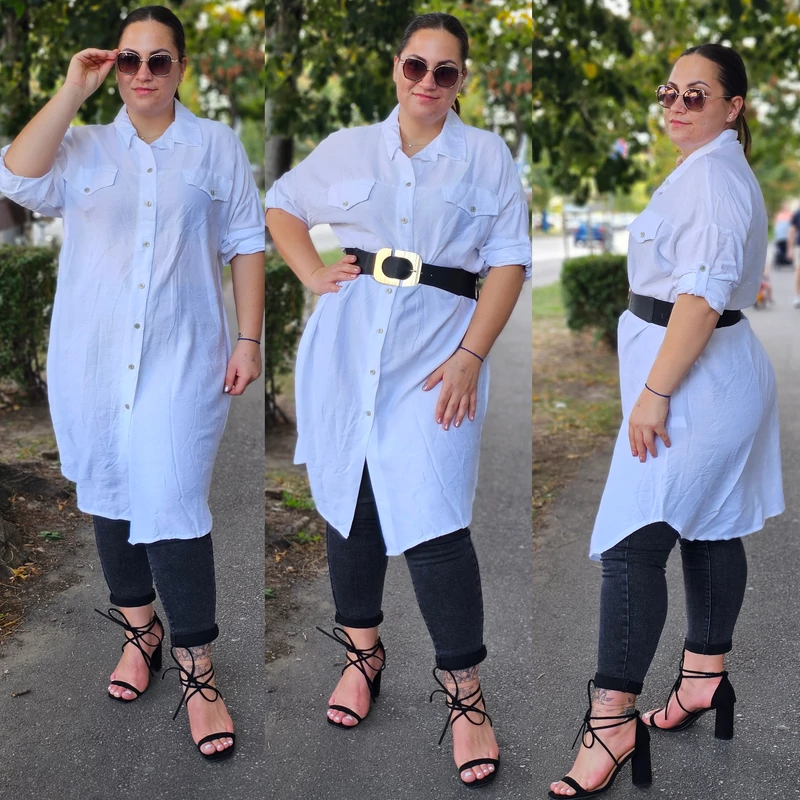 PLUS size pamut-len anyagú ingtunika/fehér