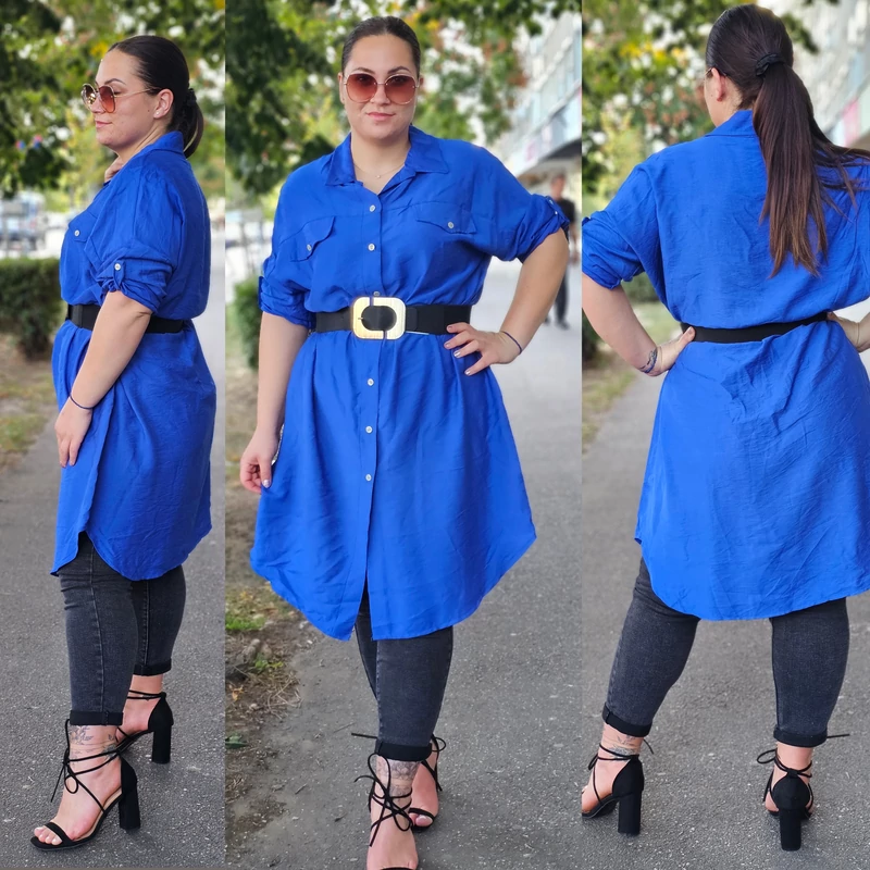 PLUS size pamut-len anyagú ingtunika/királykék