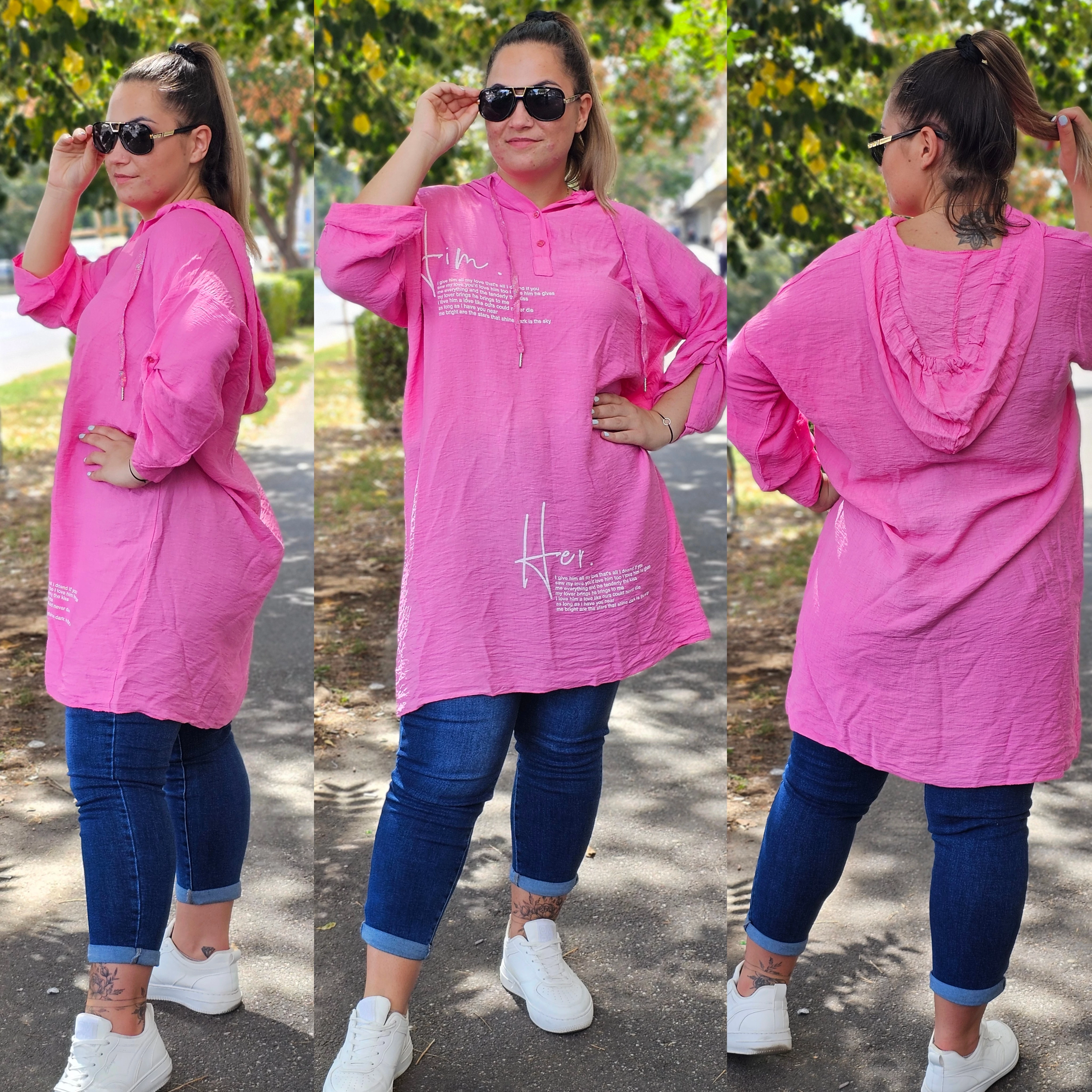 TIA pamut-len kapucnis plus size tunika/pink