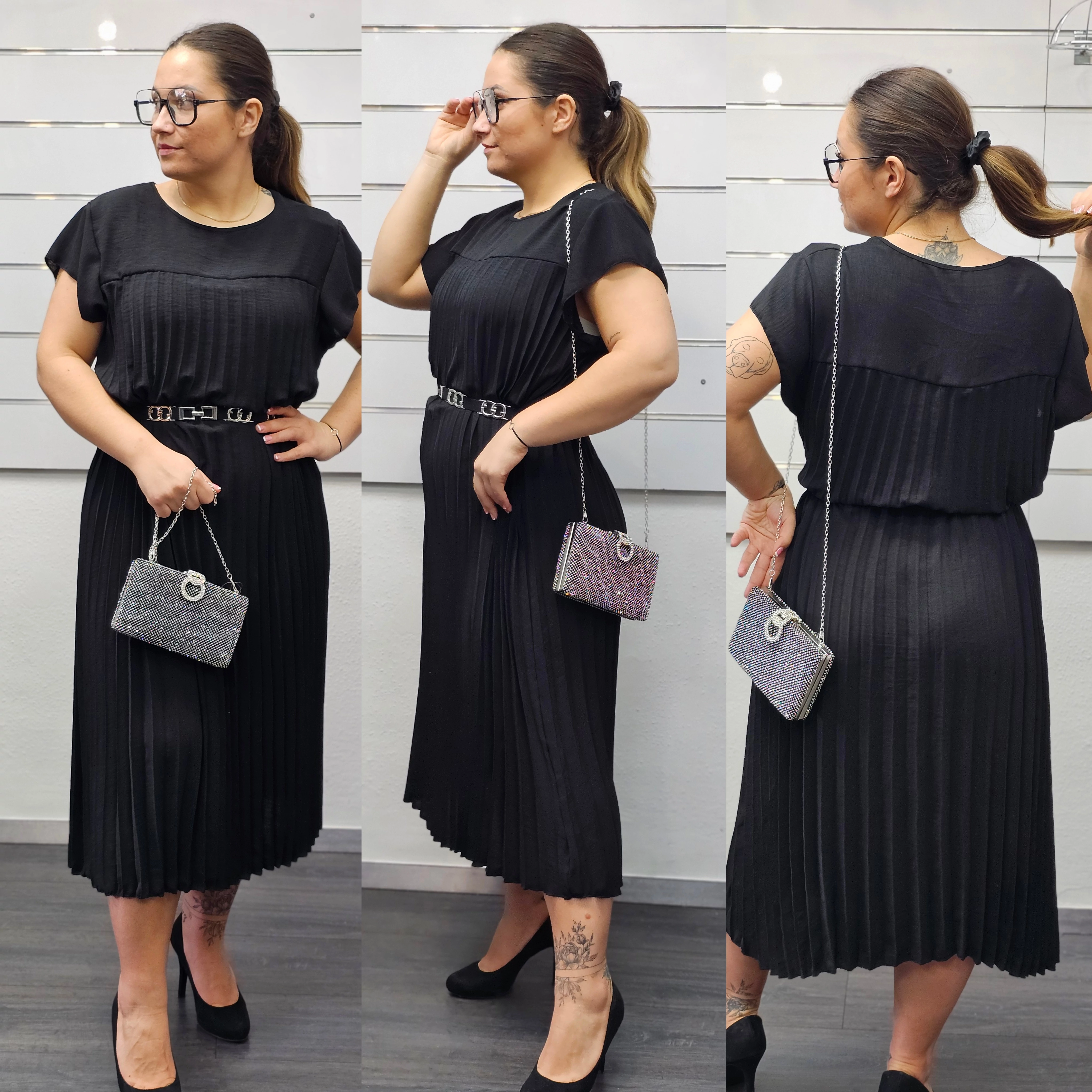 BEST nagyméretű pliszírozott ruha/XL-3XL/fekete