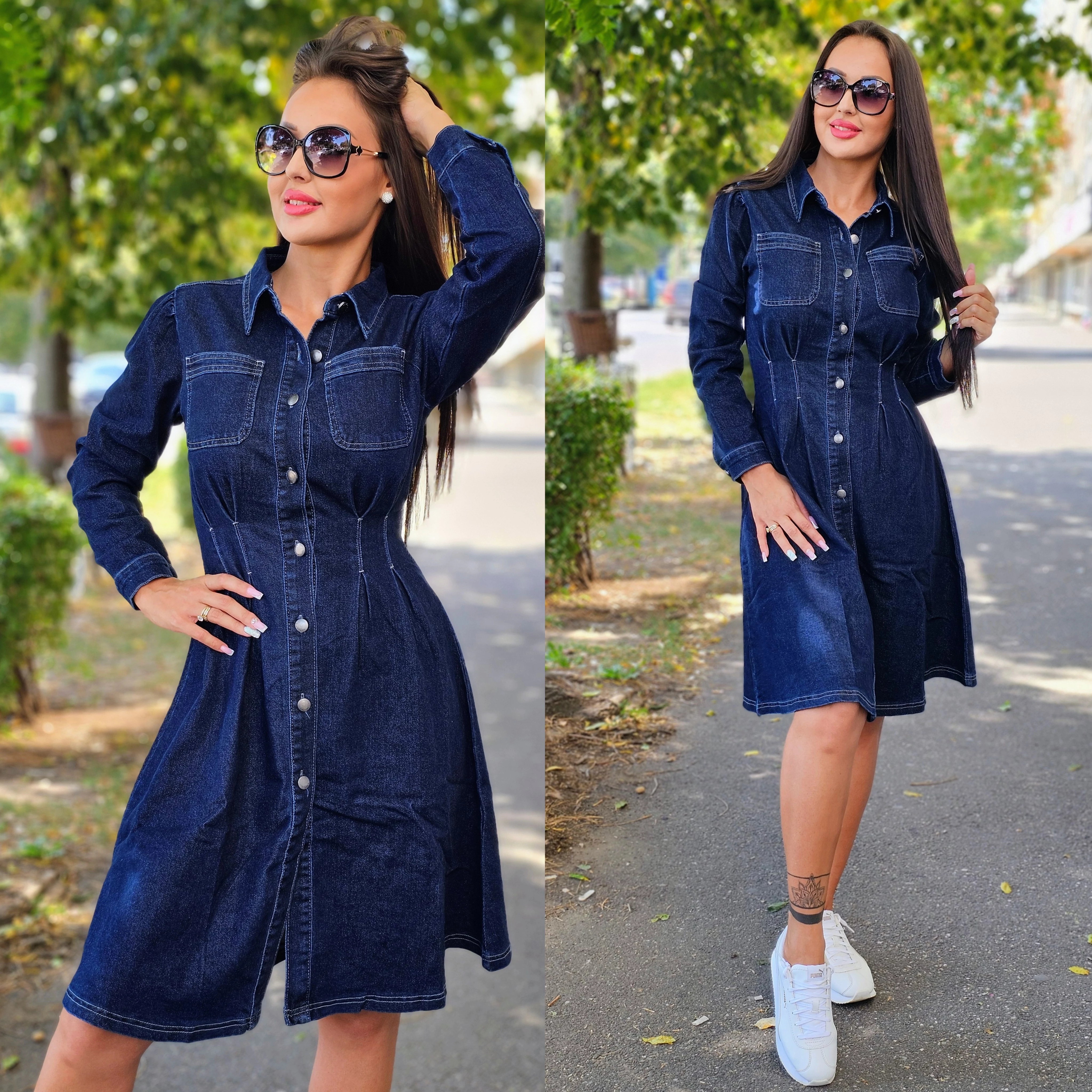 SÖTÉTKÉK hosszú ujjú farmer ruha/XS-XL