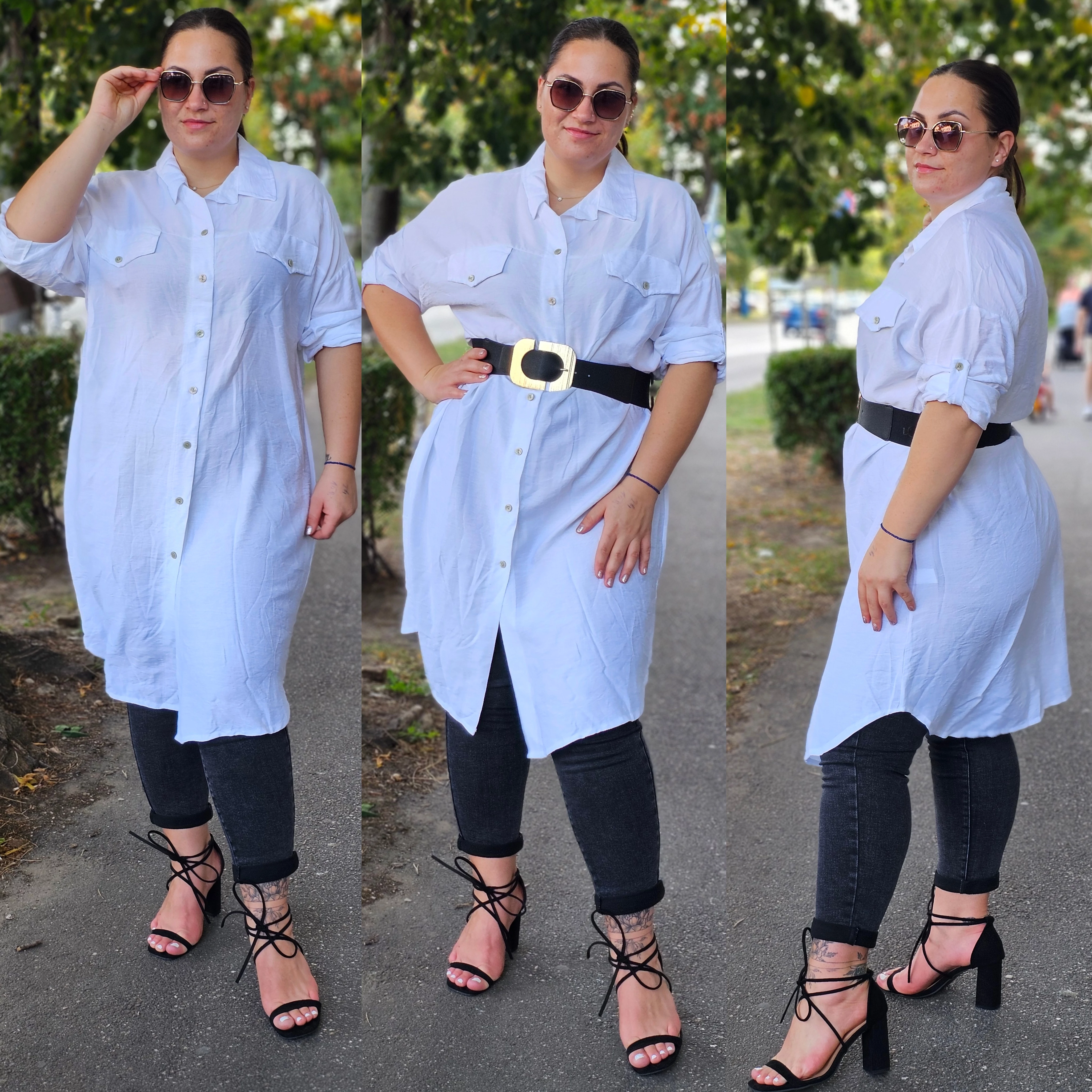 PLUS size pamut-len anyagú ingtunika/fehér