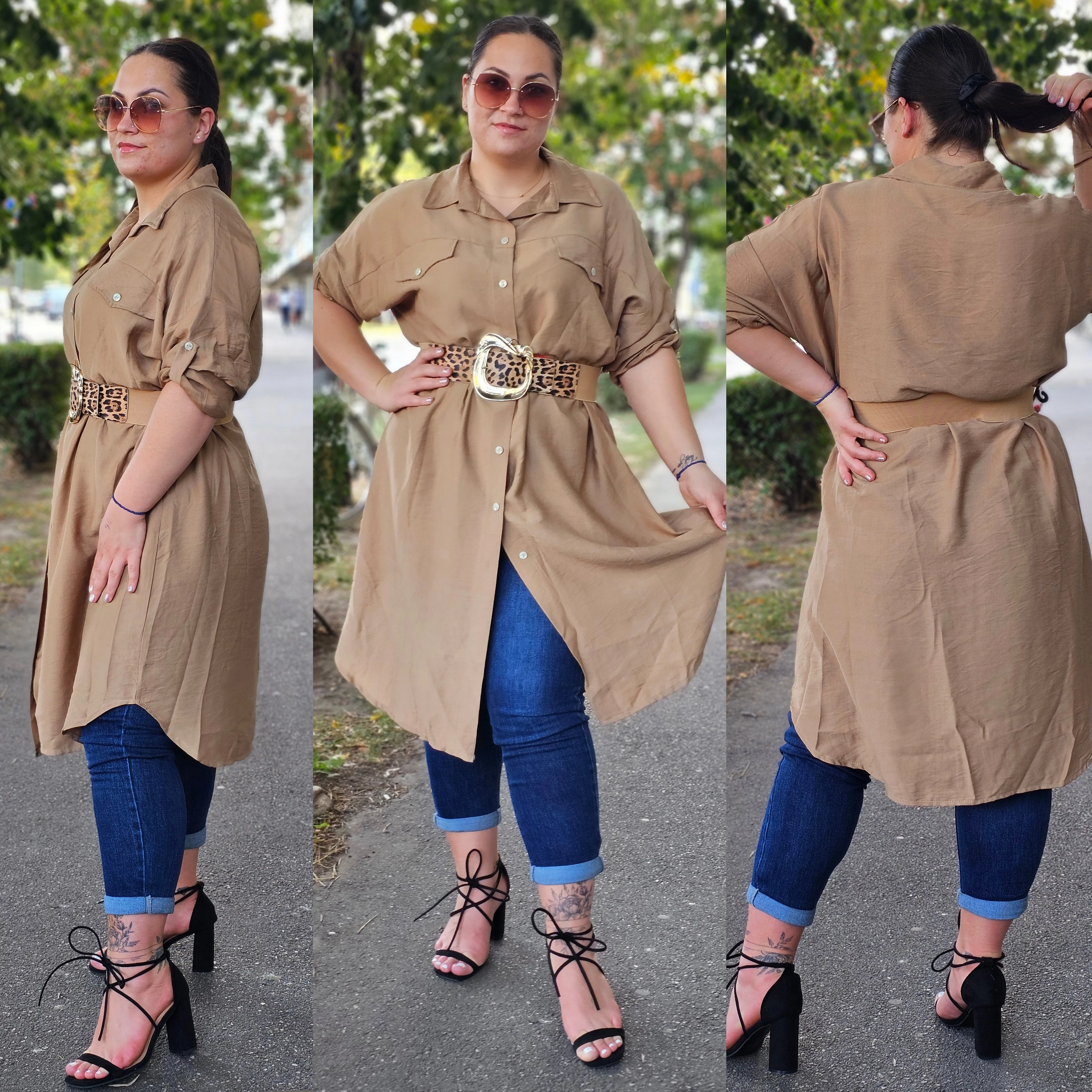 PLUS size pamut-len anyagú ingtunika/beige